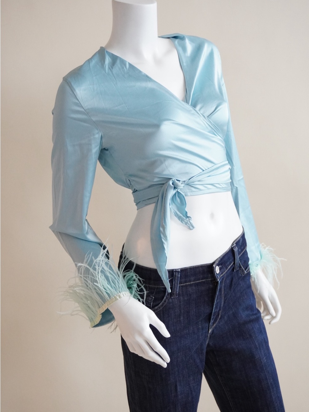 SHEIN Feather Trim Cropped Sky Blue Wrap Top